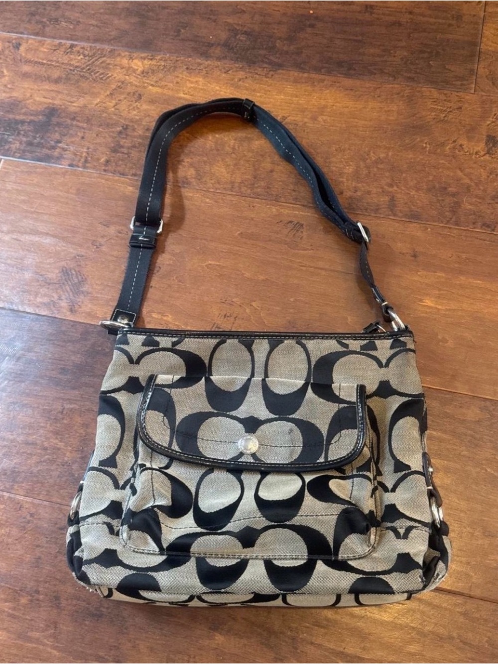 Coach Black and Tan Signature Pattern Shoulder Bag with Front Pocket